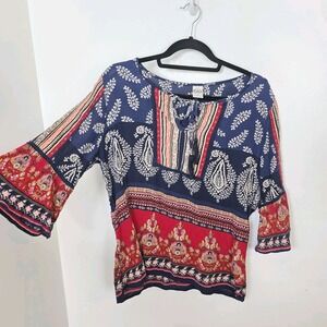 Bila Blue Red Multicolor Patterned Boho Festival Tassels Bell Sleeve Blouse Sz L